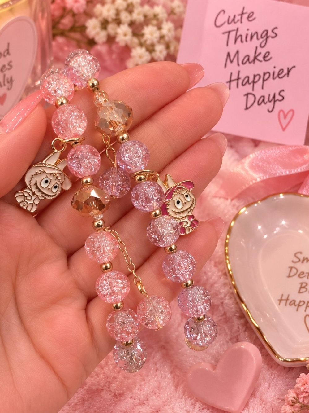 Pink Crystal Charm Bracelet with Gold Accents